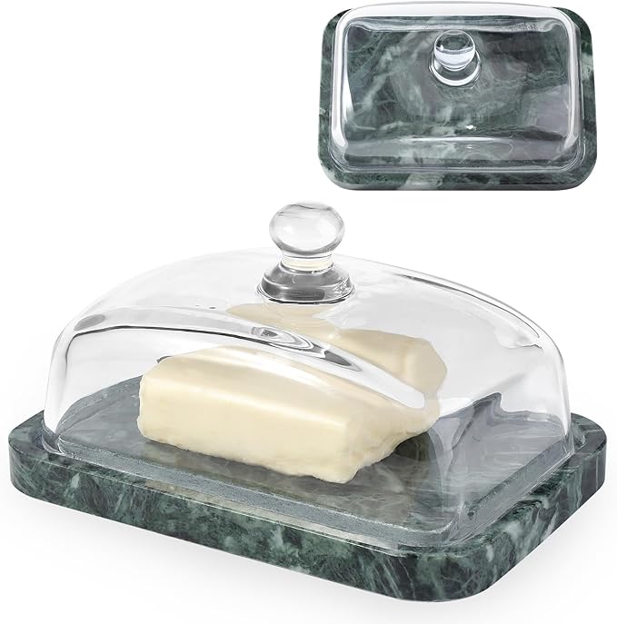 Koville Green Marble Butter Dish with Glass Lid for Countertop and Refrigerator Door Shelf, Green Marble Butter Keeper, Stone Butter Dish with Lid, Airtight Butter Keeper Container, Dishwasher Safe