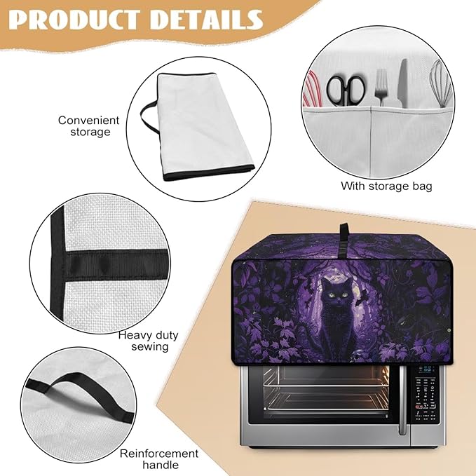 Countertop Convection Oven Cover Decorative and Protective Air Fryer Toaster Oven Dust Cover for Home Kitchen Indoor Decor, S, Black Cat Skull Bat Violet Forest Halloween