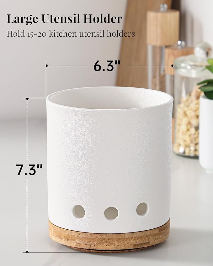 LoeJan 360° Rotating Ceramic Utensil Holder for Kitchen Countertop – Cooking Utensil Crock Organizer with Non-Slip Cork Base for Farmhouse Kitchen Decor, Textured White