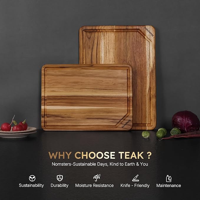 2 Pack Teak Wood Cutting Board Set Non Slip Over Sink Charcuterie Board Serving Heavy Duty Non Toxic Wooden Chopping Board Thick Haus Easy-Grip Handles, Knife-Friendly Best Kitchen Essential Gift