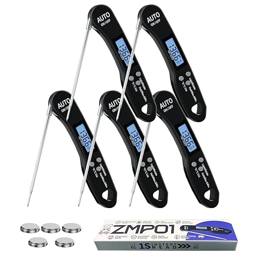 5 PCs Digital Food Thermometer with Fast 1-Second Reading, ±1°F Accuracy, -58°F to 572°F Range | Foldable Probe, Magnetic Back, Backlit LCD, Auto-Off for Grilling, Baking, Smoking