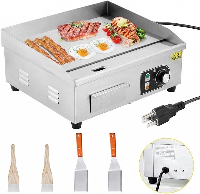 18" 1500W Stainless Steel Electric Griddle, Commercial Countertop Flat Top Grill with Adjustable 122–572°f Thermostat, Includes 2 Spatulas & Cleaning Brushes, Plug-in Grill for Indoor/Outdoor Cooking