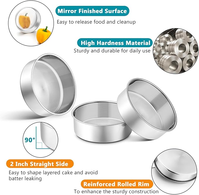 P&P CHEF 5 Inch Cake Pan Set of 2, Stainless Steel Round Baking Layer Cake Pans, Non Toxic & Healthy, Leak-proof & Easy Clean, Mirror Finish & Easy Releasing, Oven & Dishwasher Safe