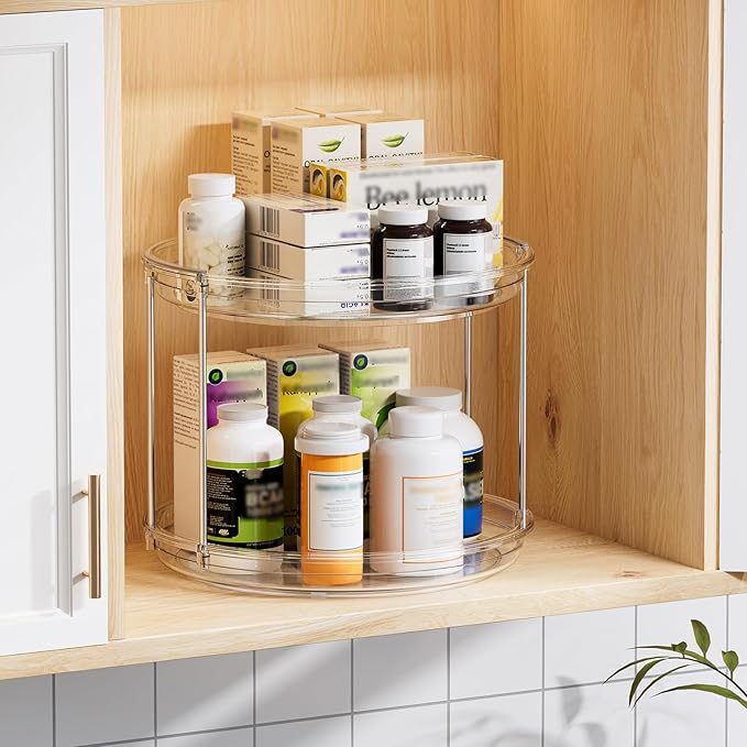 LAMU 4 Pack 10.6'' 2-Tier Lazy Susan Turntable Organizer Rotating Spice Rack Organization for Cabinet, Kitchen, Pantry, Countertop, Bathroom, Vanity, Makeup Organizer, Clear