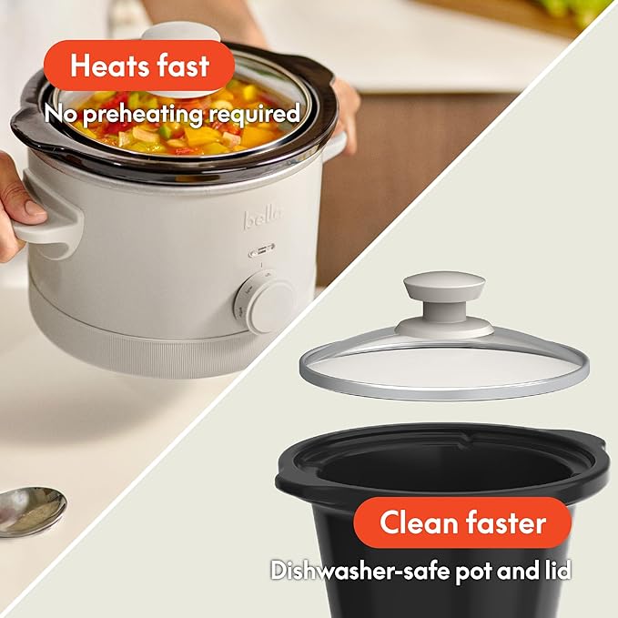 bella 1.5 Qt Slow Cooker with 3 Heat Manual Control, Ceramic Nonstick Coating, Dishwasher Safe Stoneware Pot and Tempered Glass Lid, Tangle Free Cord Wrap & Cool Touch Handles, Oatmilk