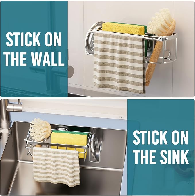 TAILI 4-in-1 Sponge Holder for Kitchen Sink with Strong Suction Cup Removable, Rustproof Stainless Steel Sink Caddy for Sponge, Brush, Scrubber, Scraper -Silver