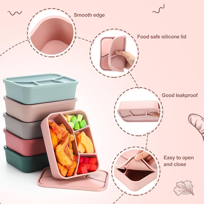 Honeydak 6 Pcs Silicone Bento Box Reusable Lunch Container 4 Compartment Snack Boxes with Lid Smooth LeakProof Rectangle Food Boxes for Adult Work Travel Food Storage(Classic Color)
