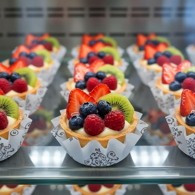 Restaurantware Panificio 0.4 Ounce Baking Cups 200 Flared Cupcake Liners - Oven-Ready Freezable Black And White Paper Muffin Cases Disposable Vintage Floral For Wedding Parties Baby Showers