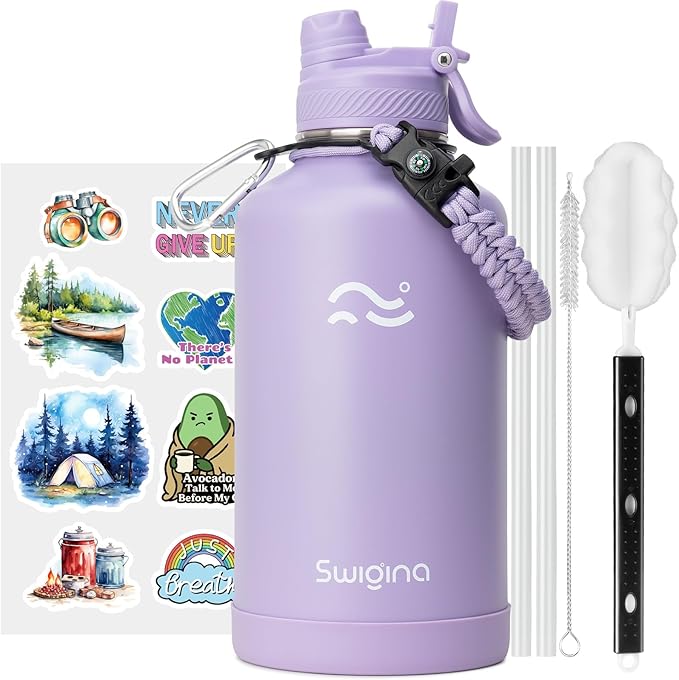 Swigina [2-IN-1 LID] 64 oz Insulated Water Bottle with Silicone Boot (48hrs Cold/24hrs Hot) - DIY Stickers, Leakproof, BPA Free, Half Gallon