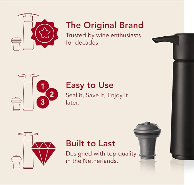 Vacu Vin Original Wine Saver with 1 Vacuum Bottle Stopper – Wine Preserver Pump for Red or White Wine – Manual Air Remover System – Airtight Seal – Keep Wine Fresh Longer – Black