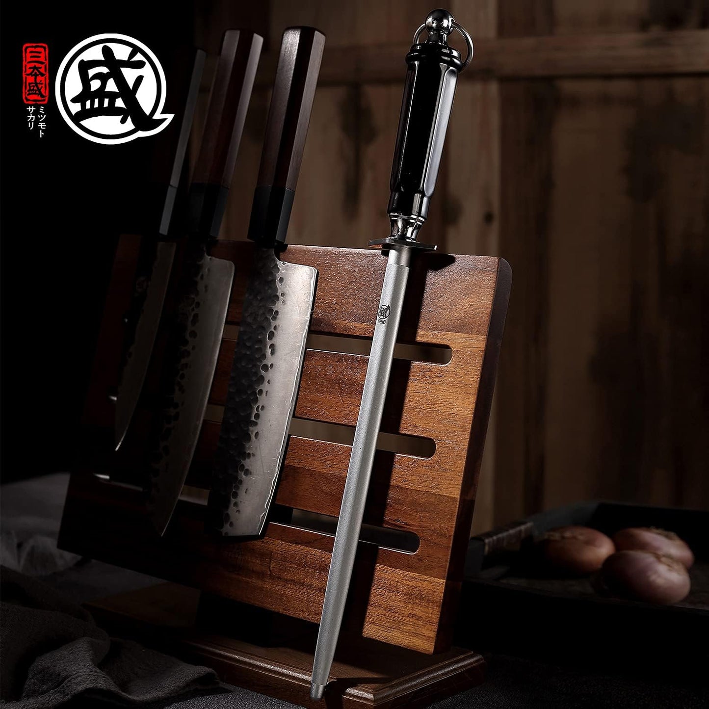MITSUMOTO SAKARI 10 inch Japanese Honing Steel - Flat Diamond Knife Sharpening Rod, Professional High Carbon Sharpener with ABS Handle & Powerful Magnet