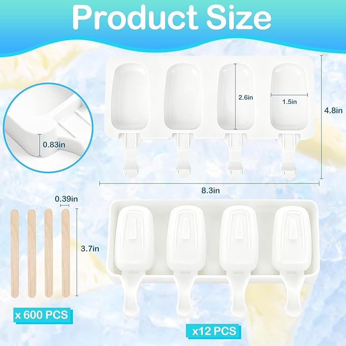 Mototo 12 Set Silicone Popsicle Molds White Ice Cream Mould 4 Cavity Ice Lolly Mold White Oval Cake Pop Mold with 300 Pieces Wooden Sticks for DIY Ice Cream Popsicle Cake