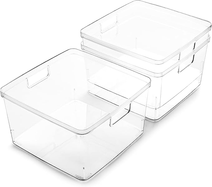 BINO | Plastic Storage Bins, Square - 3 Pack | THE LUCID COLLECTION | Multi-Use Bins | Built-In Handles | BPA-Free | Clear Containers | Fridge Organizer | Pantry & Home Organization