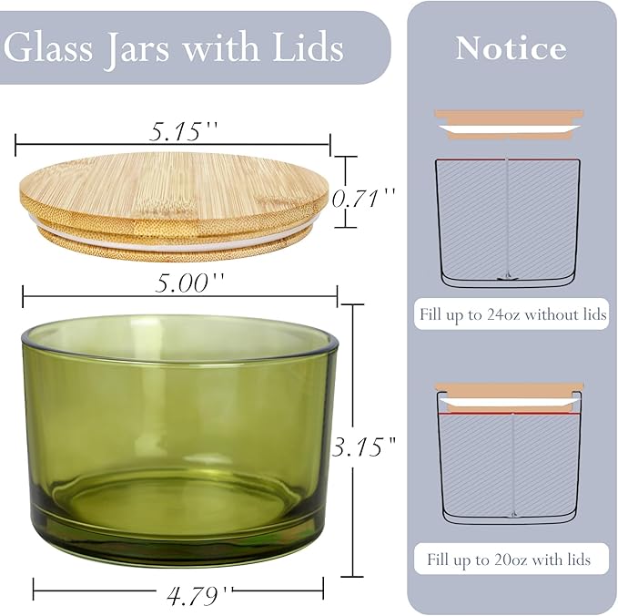 CONNOO 24oz Olive Green Candle Jars 6 Pack, Multi-Wick Wide Mouth Empty Glass Containers for Making Candles with Airtight Bamboo Lids, Sticky Warning Labels, Wick Kit - Dishwasher Safe