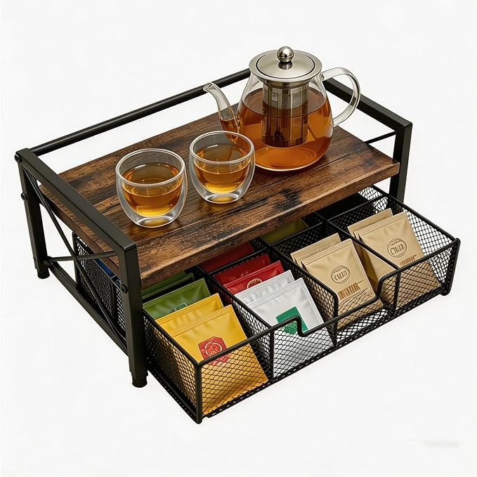Tea Bag Organizer With Adjustable Drawer, Teabag Bar Holder Organizer For Counter, Wood ＆ Metal Station Storage Chest Display, Coffee Packet Containers Box For Countertop Kitchen Office Rustic Brown