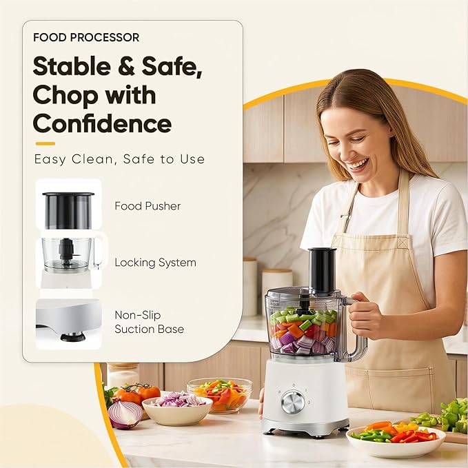 OLIXIS Food Processor 10.5 Cup, Vegetable Choppers with Slicing Shredding Chopping Kneading, Dishwasher Safe, Food Grinder, Stainless Steel Blades, for Smoothie Fruit Dough, 2.6QT, White