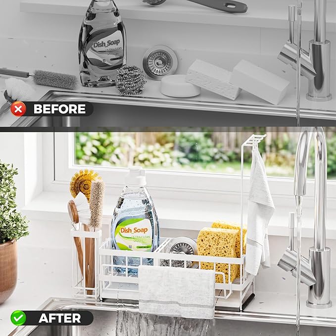 Sponge Holder for Kitchen Sink – Rustproof Stainless Steel with Detachable Drainboard, Brush Rack & Towel Bar | Compact, Non-Slip Design for Countertop Bathroom
