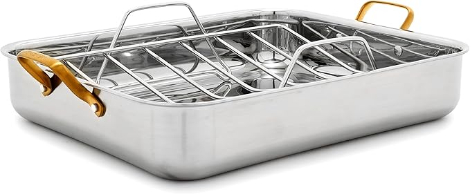 GreenPan Reserve 16" x 13" Tri-Ply Stainless Steel Roasting Pan with Roaster Rack, Multiclad Cookware, Induction Suitable, Gold Stainless Steel Handles, Dishwasher & Oven Safe, Silver