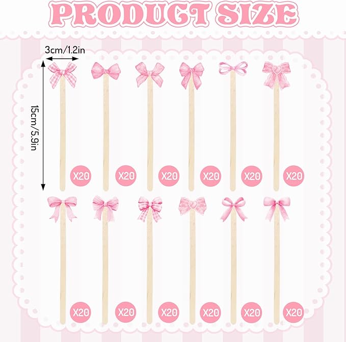 JarThenaAMCS 120Pcs Pink Bow Coffee Stirrers Watercolor Multiple Bowknot Disposable Stir Sticks Wooden Drink Stirrers for Home Office Bar Restaurant Party Supplies