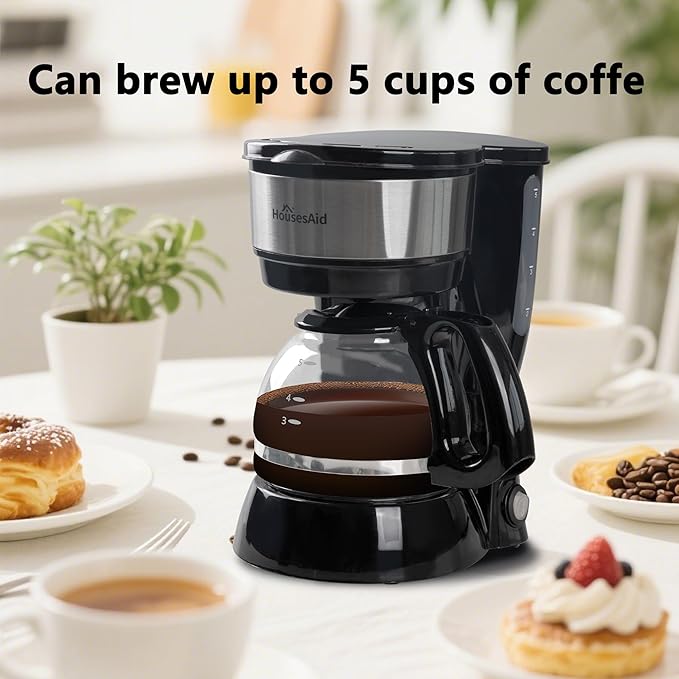 5 Cup Coffee Maker, Compact Small Coffee Machine for 1-2 People, 0.75L Glass Carafe, 2-Hour Auto Shut-Off, 650W Fast Brew, Space Saving for Apartment, Dorm & Office