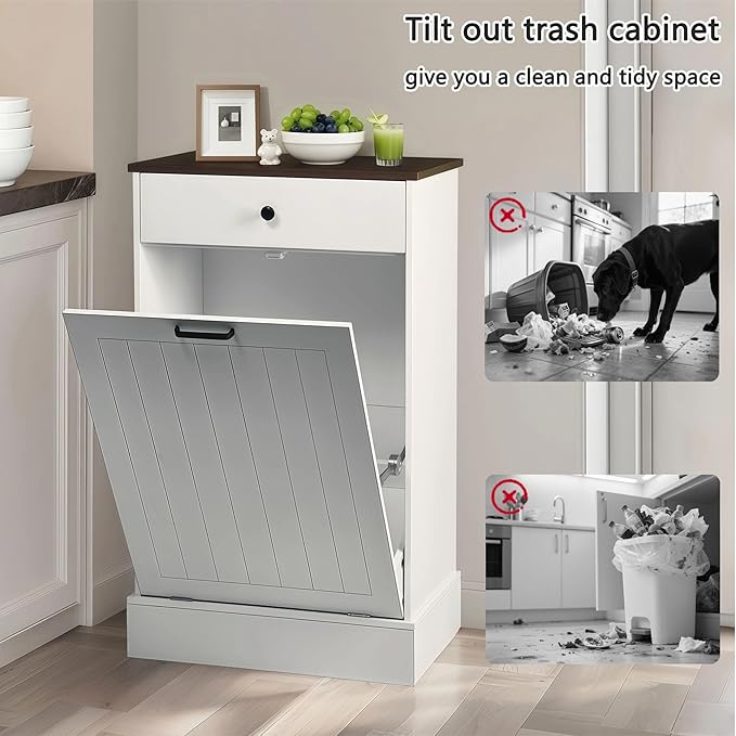 HRVEOCEI Single Tilt Out Trash Can Cabinet for 10 Gallon, Trash Can Holder Cabinet with Drawer, Farmhouse Garbage Cabinets for Kitchen Living Room, Easy to Clean (White)