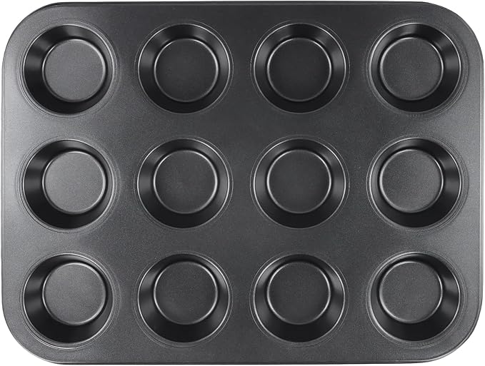 12-Cup Muffin Pan, Non-Stick Cupcake Baking Tin, 4 Pack Carbon Steel Cup Cake Tray for Oven Baking Cheesecake, Quiche, Easy Clean, Gray, 13.9"x10.4"x1.1"
