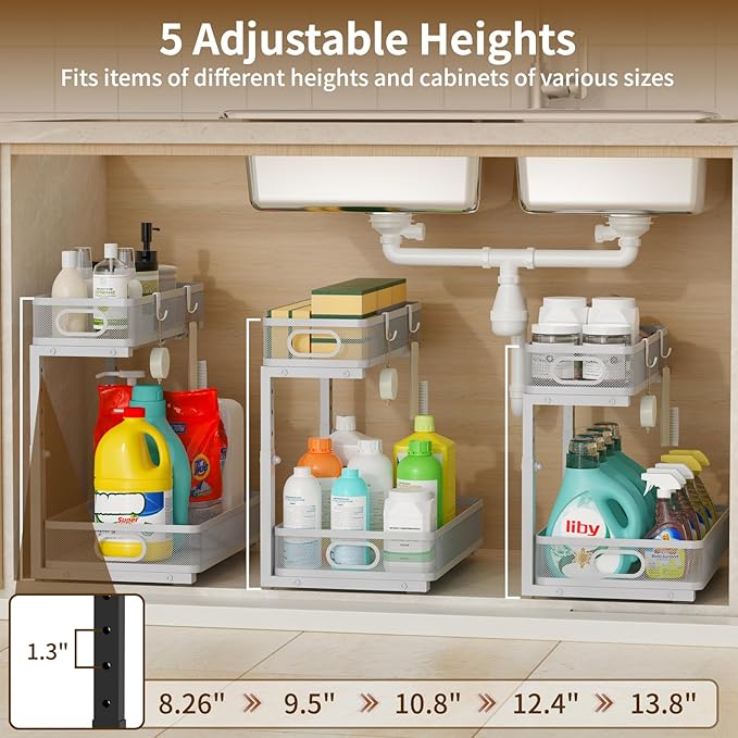Under Sink Organizer 2 Pack, 2-Tier Slide Out Cabinet Organizer with Metal Sliding Drawer and Hooks, Pull Out Storage Baskets for Kitchen Bathroom Pantry Cabinet Organization (grey)