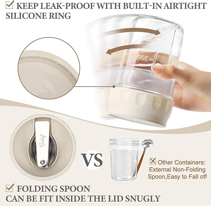 SOLIGT 2 Pack Overnight Oats Containers with Lids, Folding Spoons and Divided Compartments for Fruit & Nuts, Small Glass 16oz Mason Jars for Oatmeal Yogurt Parfait (2 Set-Oat White/Oat White)