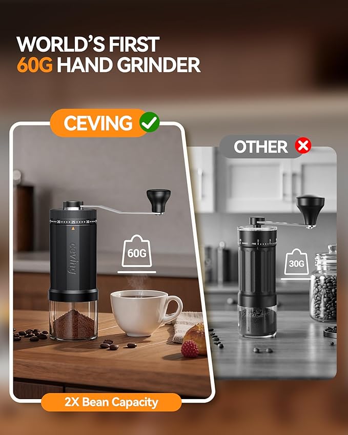 World's First 60g Large Capacity Manual Coffee Grinder, Portable Hand Coffee Bean Mill with 40 Adjustable Settings, Ceramic Conical Burr Grinder for Espresso, Pour Over, Camping, Travel, Gift, etc