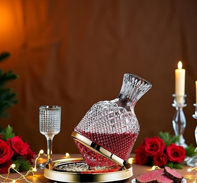 Wine Decanter Set - Spinning Crystal Red Wine Decanter Golden, 1.5L Luxury Wine Aerator Carafes Glass, Jarler Hand Blown lead-free Decanter with Greeting Card, Art Wine Gift for Wine Lover
