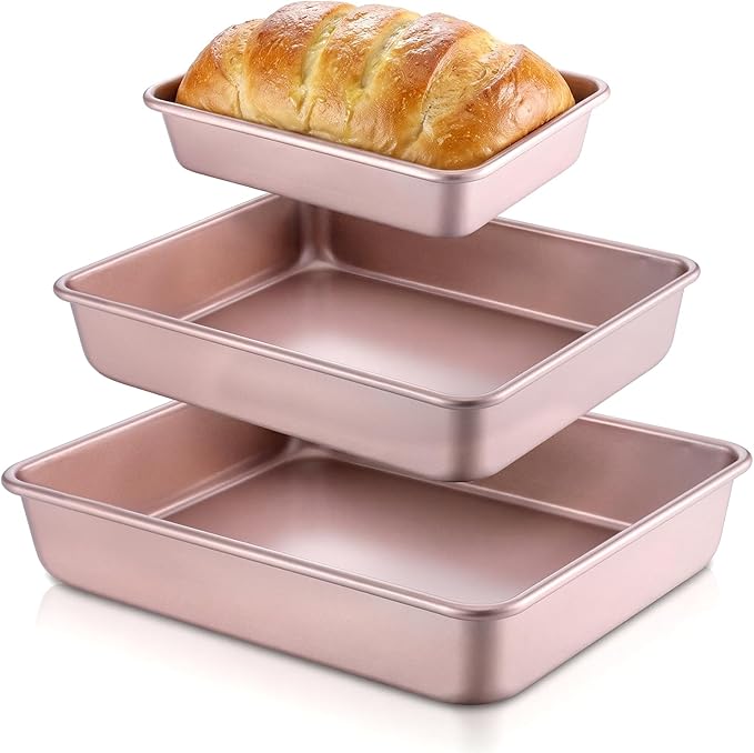 Deep Baking Pans Set of 3, Stainless Steel Sheet Cake Pan Nonstick Rectangle Cake-Baking Sheet, Metal Oven Tray 13/11/9 Inch for Cake Lasagna Brownie Casserole Cookie, Golden