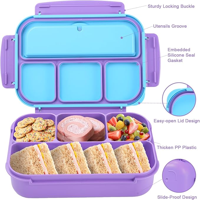 shell and turtle Bento Box for Kids Girls Boys, Bento Box Adult Lunch Box with 4 Compartments, Lunch Containers with Utensils, Sauce Jar, Muffin Liners for School, 40 Oz/5 Cup, Purple