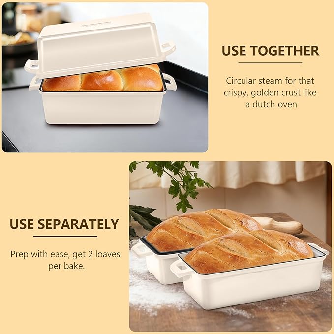 Wildone 2 in 1 Enameled Cast Iron Bread Pan with Lid, 9x5 Loaf Pans for Homemade Sourdough Bread, Cake, Meatloaf, Even Heating Bread Dutch Oven, Cream White