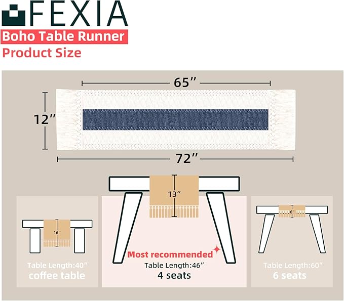 FEXIA Boho Blue Table Runner 72 Inches Long with Tassels Macrame Farmhouse Style Party Rustic Wedding Baby Bridal Shower Dining Decor (12x72 Inches)