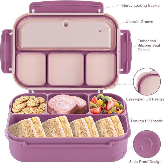 shell and turtle Bento Box Adult Lunch Box, Lunch Containers for Kids Girls Boys with 4 Compartments, Lunchable Food Container with Utensils, Sauce Jar, Muffin Liners, 40 Oz/5 Cup, Dark Purple