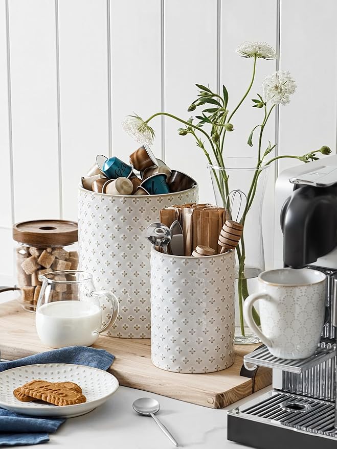 LE TAUCI Utensil Holder for Kitchen Counter - 7.1"+5.4" Ceramic Kitchen Utensil Holder Set of 2, Large Cooking Utensil Crock & Organizer for Spatula, Spoon - Embossed Kitchen Decor, White,Clover