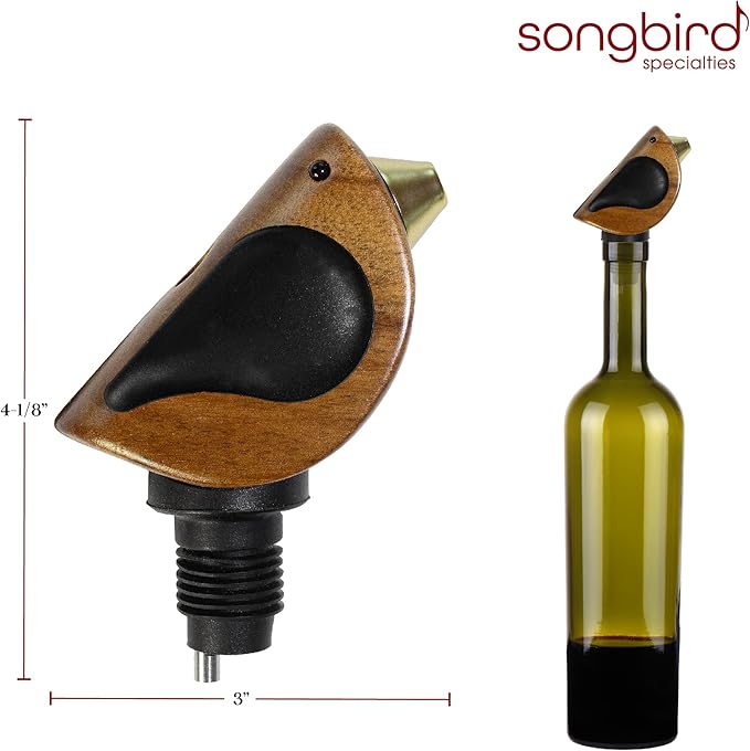 Songbird Specialties Wine Bottle Pourer, Fun Wine Pourer Spout Sings While It Pours, Airtight Wine Bottle Sealer, Acacia Wood with Black Wings