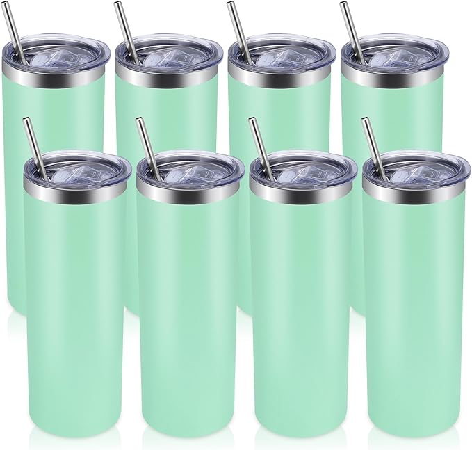 Volhoply 8 Pack Skinny Tumblers with Lid and Straw, 20oz Stainless Steel Straight Tumbler Bulk, Vacuum Insulated Coffee Mug for Home, Office, Travel, DIY (Mint,8 Pack)