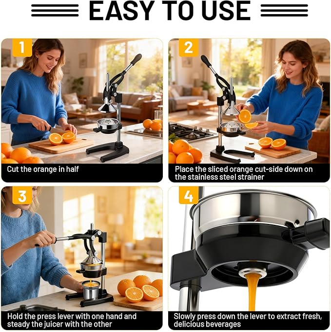 Cast Iron Juicer Hand Press for Citrus Fruits,Pomegranates,Grapefruits,Heavy-Duty Cast Iron Juicer,Lemon Squeezer Manual,with Stainless Steel Cup,Easy to Use & Clean（Black）