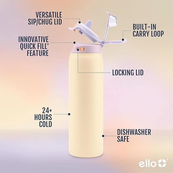 Ello Pop & Fill 22oz Stainless Steel Water Bottle with Quick Fill Technology, Double Walled and Vacuum Insulated Metal, Leak Proof Locking Lid, Sip and Chug, Reusable, BPA Free, Pastel Paradise
