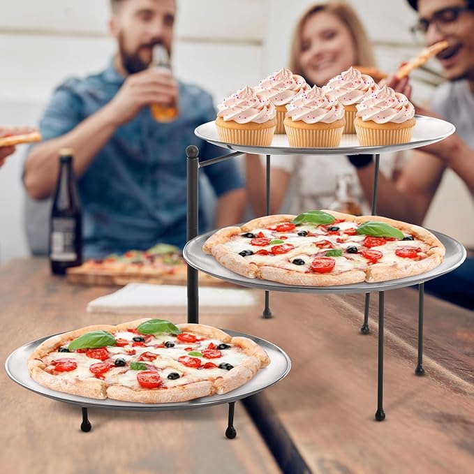 Teenyyou 7 Pcs Pizza Pan Riser Stands Sets Includes 1 Pcs Tiered Tray Stand 3 Stainless Steel Pizza Pan and 3 Wood Handle Knife for Home, Restaurant Party