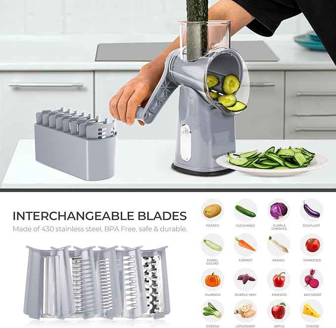 SUSTEAS Rotary Cheese Grater with Handle - Vegetable Shredder with 5 Well-designed Blades & Strong Suction Base,Round Mandoline Slicer & Food Chopper for Kitchen,with Blade Storage Box(Gray)