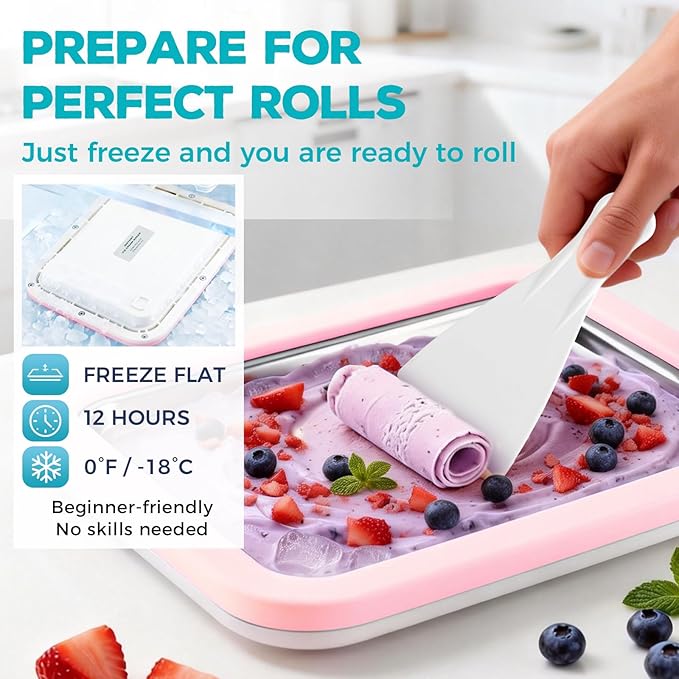 Rolled Ice Cream Maker with Quick Start Guide - DIY Instant Ice Cream Tray Kit, Includes 2 Scrapers for Manual Homemade Ice Cream Rolls, Frozen Yogurt, Sorbets & Slushies, No Electricity Needed（pink）