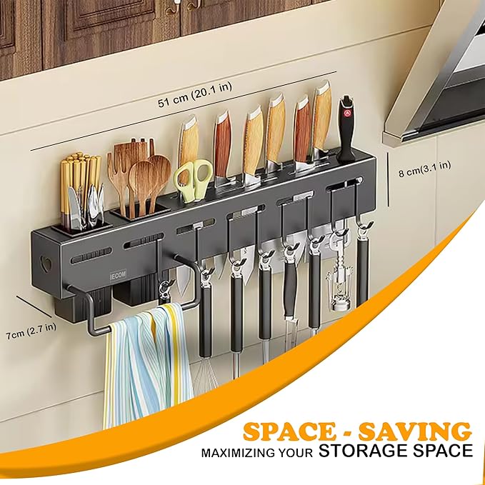 Wall Mount Kitchen Utensils Hanging Rack, 20" Multi-Use Kitchen Organizer with Utensil Holder, Hanging Organizer - Black