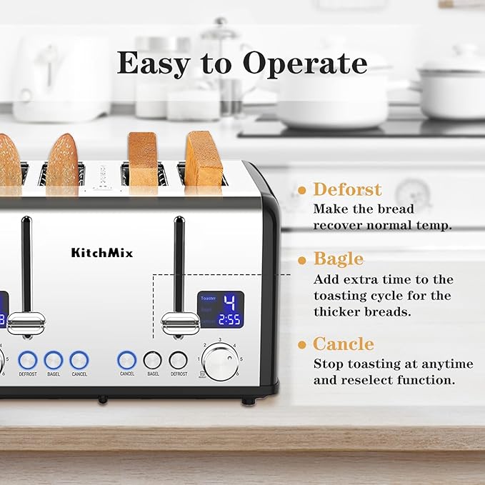 Toaster 4 Slice, KitchMix Bagel Stainless Toaster with LCD Timer, Extra Wide Slots, Dual Screen, Removal Crumb Tray (Black)