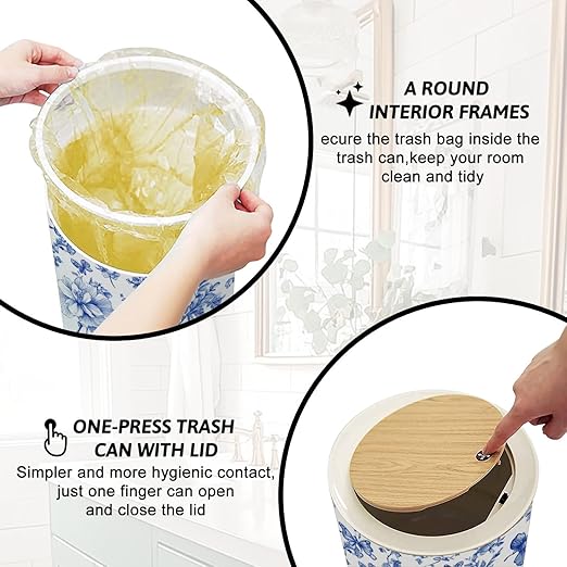 Trash Can with Lid Vintage floral Seamless Wild Roses butterflies Blue white Toile de Press Top Round Small Garbage Bin with Wooden Legs Waste Basket for Kitchen Bedroom Nursery 7L/1.8 Gallon