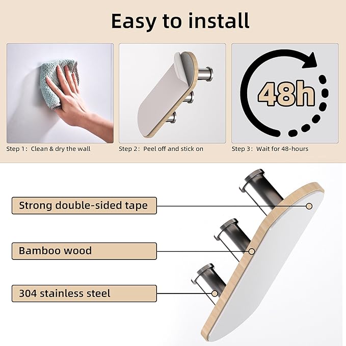 Kayqi Stainless Steel Simple Strong Adhesive Hooks, Sturdy and Durable, Suitable for Kitchen, Bathroom, Showroom, Office (2 Pieces) (Silver)