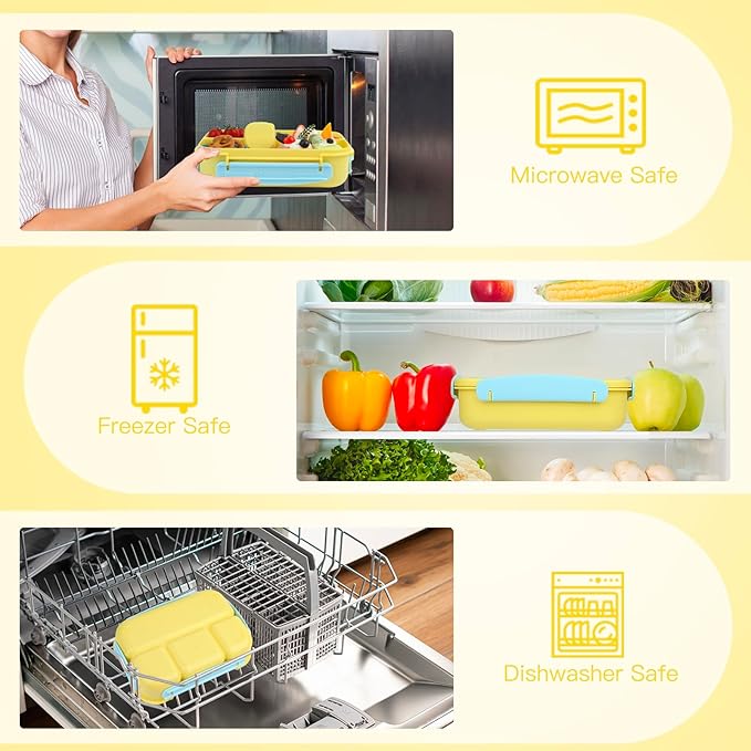 MaMix Bento Lunch Box for Adults/Kids/Students - 1300ML 4-Compartment Container (Yellow)