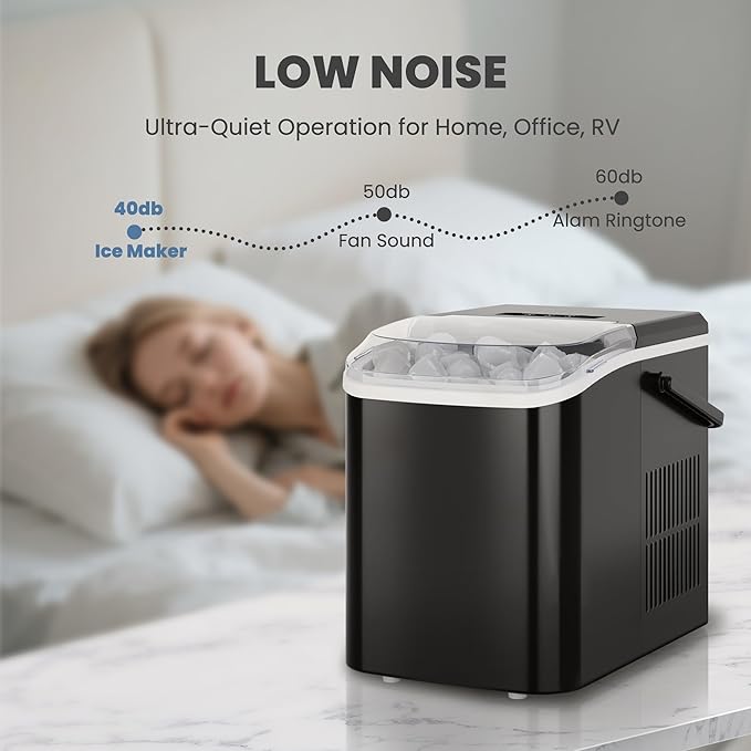 DUMOS Countertop Ice Maker with Handle, 26lbs/24H Portable Ice Machine, 9 Bullet Ice Cubes Ready in 6 Mins, Self-Cleaning, Quiet Compact Ice Maker for Home, Kitchen, RV, Camping, Modern Black