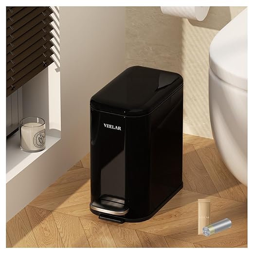 Slim Bathroom Trash Can with Lid, 1.6 Gallon / 6 Liter Stainless Steel Trash Bin, Step Pedal Garbage Cans for Bedroom, Kitchen, Office (Black)
